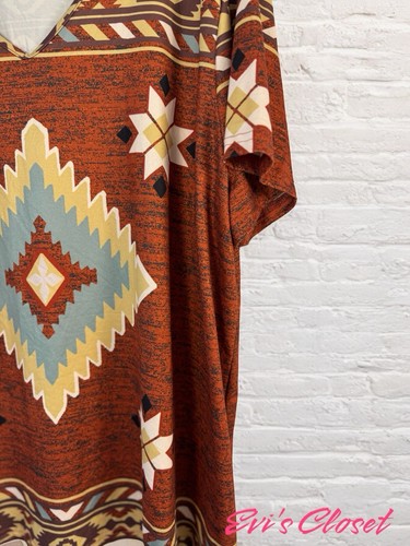 Emery Rose Women's Lightweight Short Sleeve Aztec Rust Top T Shirt V Neck 3x - Picture 5 of 9