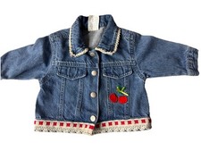 Kids Blue Denim Jacket Cherry Applique Crochet Lace Trim Medium Wash VTG Style