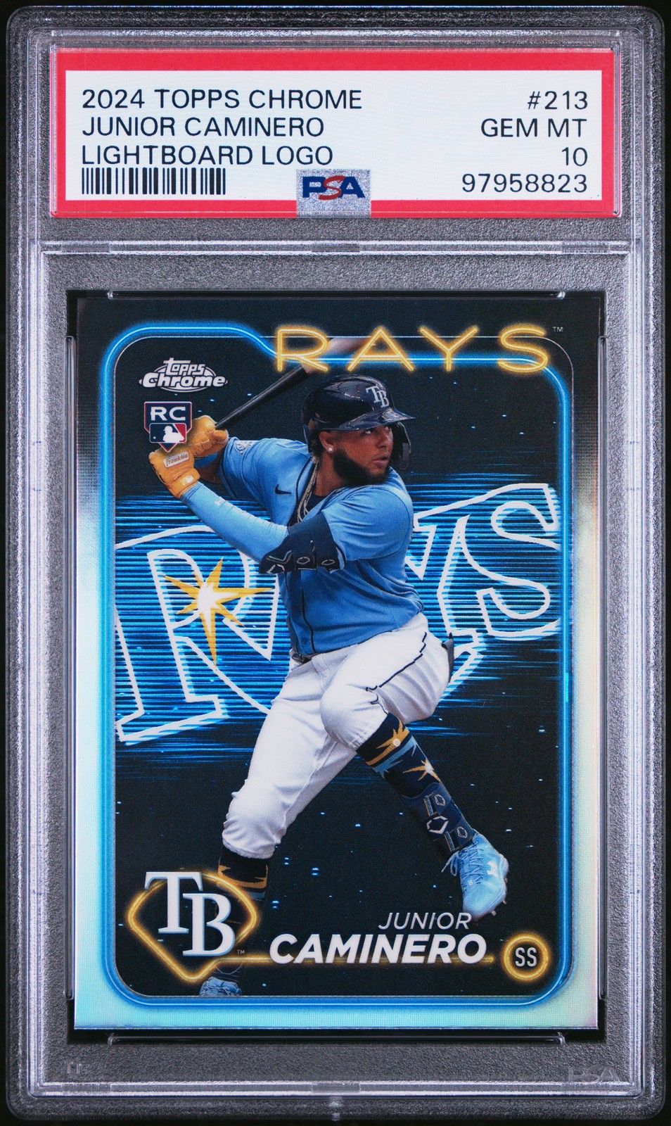 2024 TOPPS CHROME LIGHTBOARD LOGO #213 JUNIOR CAMINERO PSA 10