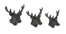 Zeckos Set of 3 Rustic Brown Deer Head Decorative Wall Hooks Lodge Decor
