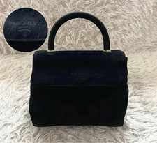 PRADA Vintage Black Suede Handbag Logo Embossed Authentic Women's Bag