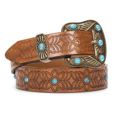 Western-Leather-Belts for Women Turquoise-Oval-Buckle Embossed Cowgirl Belt