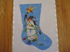 Handpainted Needlepoint Canvas Scott Church Creative Xmas Stocking Penguin /Star