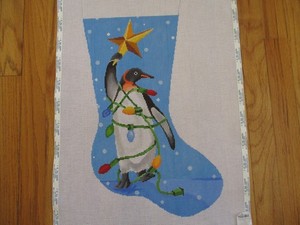 Handpainted Needlepoint Canvas Scott Church Creative Xmas Stocking Penguin /Star