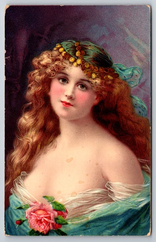 Antique Postcard Beautiful Yong Lady Long Hair Low Cut Dress Rose 1910 Posted