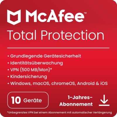 McAfee Total Protection inkl. VPN / 10 Geräte / 1 Jahr / KEY (ESD)