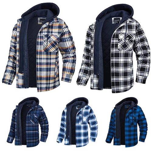 Herren Warm Hemd Jacke Gesteppt Gefüttert Kariert Flanell Hemd mit Kapuze Mant E - Bild 1 von 16