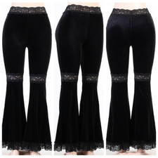 Lady Retro Velvet Flared Pants Trousers Bell-bottoms Lace Splice Long Pants Slim