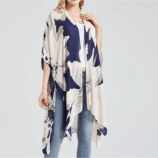 Women's White Navy Blue Casual Print Short Sleeve swim Cardigan kaftan c