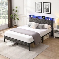 Full Size LED Bed Frame with Headboard & USB Port Upholstered Platform Bed US