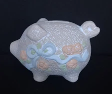 Vintage Pottery Pig Piggy Coin Bank Figural Embossed Roses Floral Clay NOS