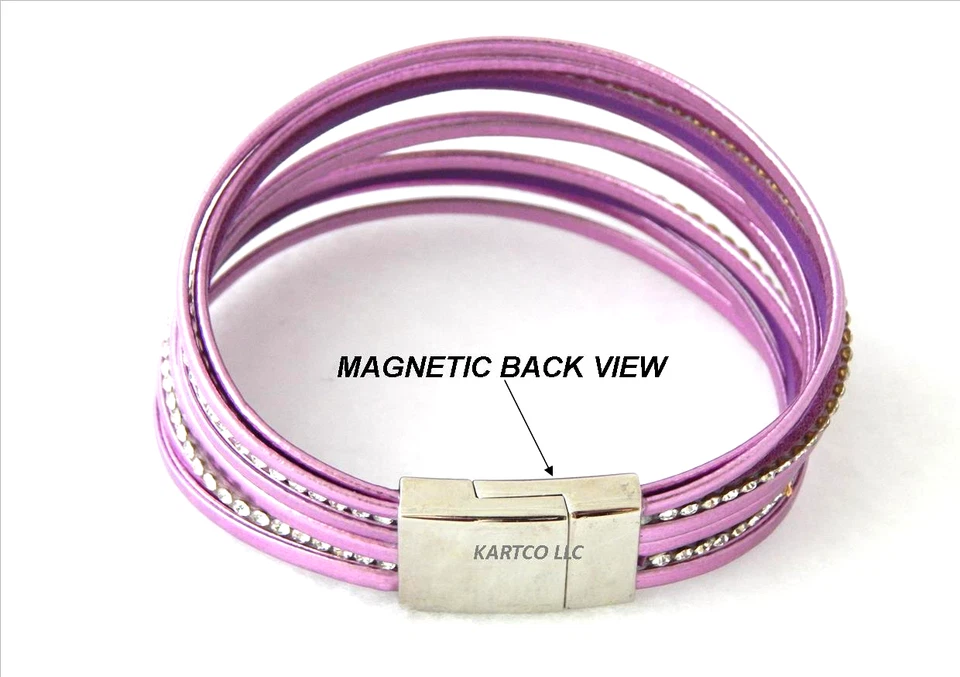 BLING PULSERA DE IMITACIÓN DE CUERO Y DIAMANTES DE IMITACIÓN MULTICAPA PÚRPURA METÁLICO-7-8 pulgadas Foto 3 de 4