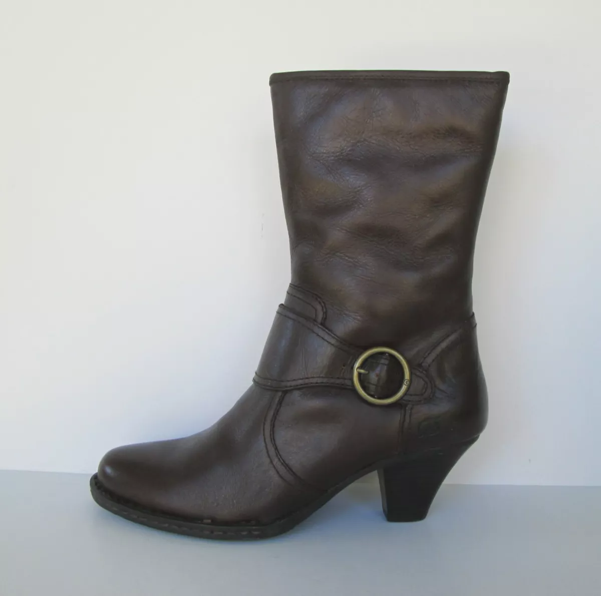 Born Womens Mid Calf Genuine Brown Leather Zip On Buckle detail Boots 9 M