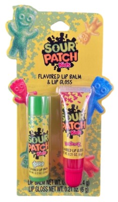 2pc Sour Patch Kids Flavored Lip Balm & Lip Gloss Set Lime & Raspberry 0.12 oz