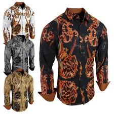 Luxury Mens Shirt Floral Animal Prints Gold Stripes Stretch Slim Fit Button Up