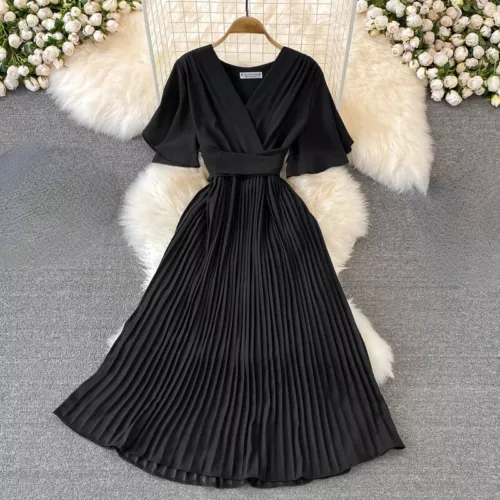 Damen Midikleid A-Linie Swing kurz Schlagärmel V-Ausschnitt Plissee elegant Sommer - Bild 13 von 35