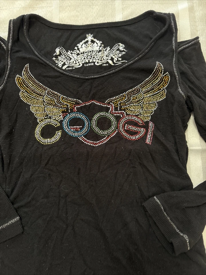 Coogi Quarter sleeve rhinestone cut off shoulder ribbed Shirt Black Casual L - Изображение 2 из 4