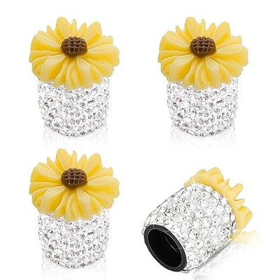 4 Pack Bling Valve Stem Caps - Crystal Rhinestone Daisy Flower Dustproof Yellow