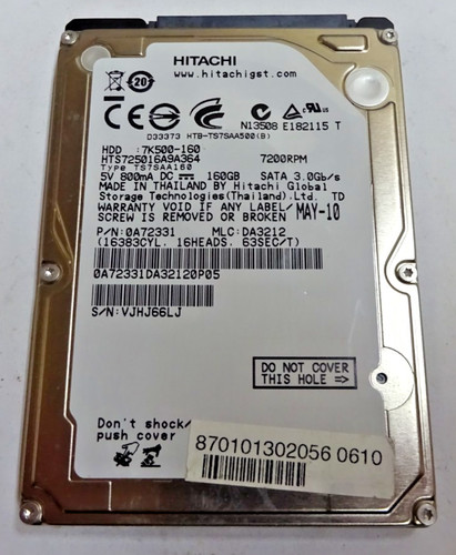 HITACHI *HTS725016A9A364* 160 GB * SATA HDD Notebook 2,5 Zoll #NFP1678