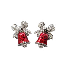 Red Enamel Christmas Bells Pierced Earrings Silver Plated 3/4 in