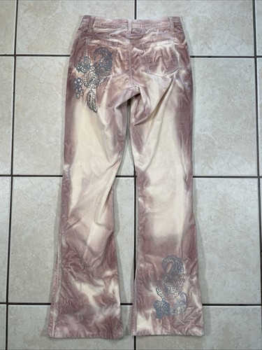 Rare Vintage Bebe Jeans Peach & Silver Tones Graphic Flared Velvet Pants - Sz 2 - Picture 12 of 18
