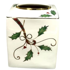 Lenox Holiday Nouveau Gold Holly Berry Ribbon Tissue Box Holder Cover Christmas