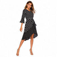 Womens Polka Dot Dress V Neck Belted Midi Tea Party Wedding Guest Dress Retro UK