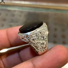 Men’s Natural Yemeni Aqeeq Ring Pure Black Agate Stone Elegant Design