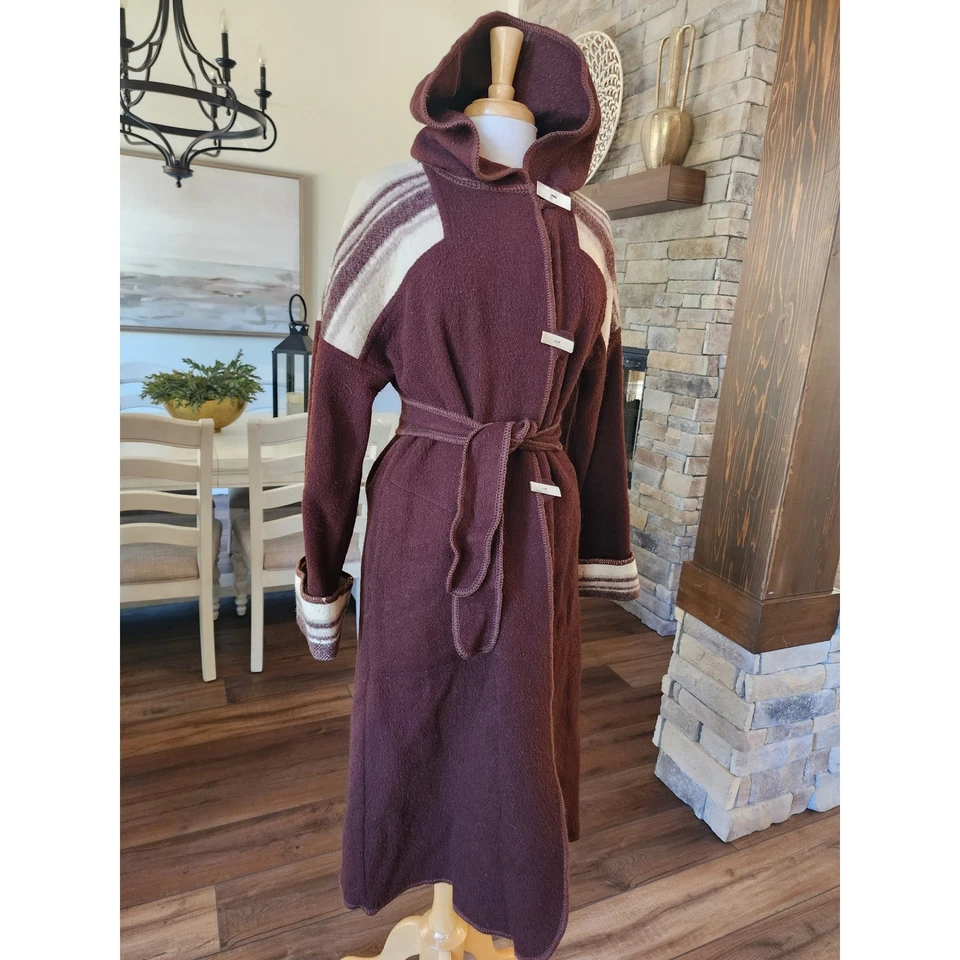 Manta de lana Western Mantessa vintage años 70 envolvente plumero capucha cinturón marrón rayas Foto 2 de 4