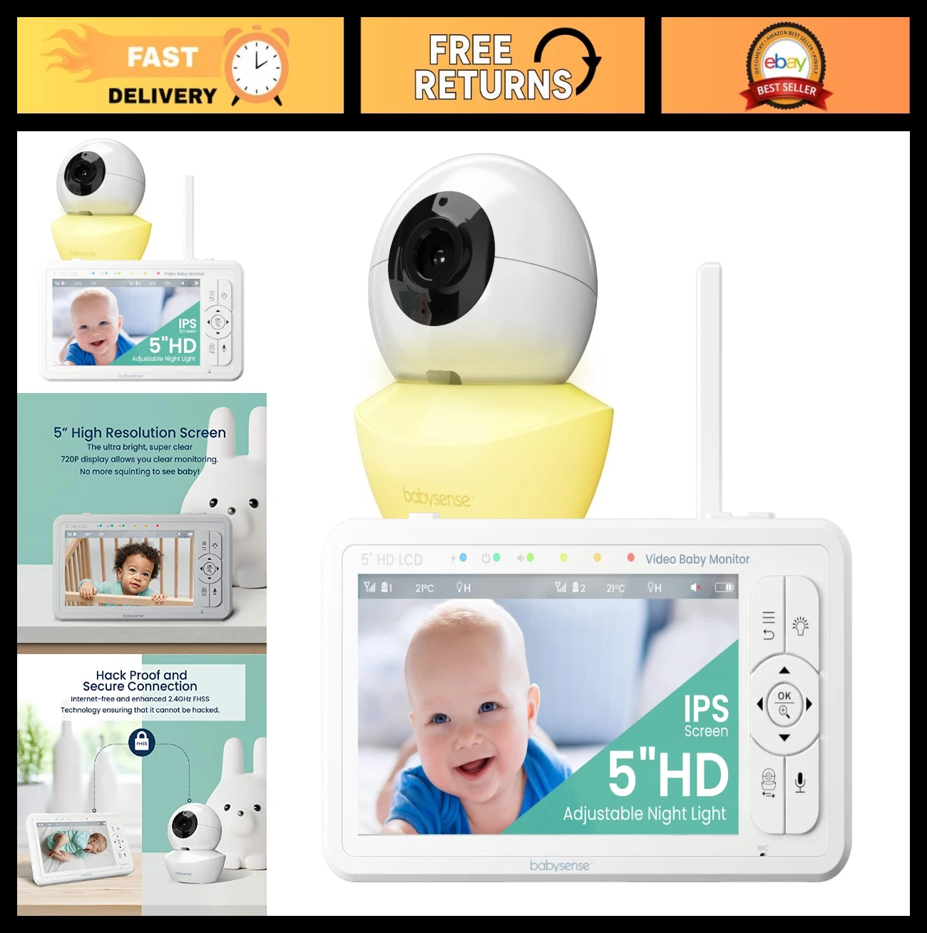 Babysense 5" Video Baby Monitor with Camera, Night Vision, Pan-Tilt-Zoom