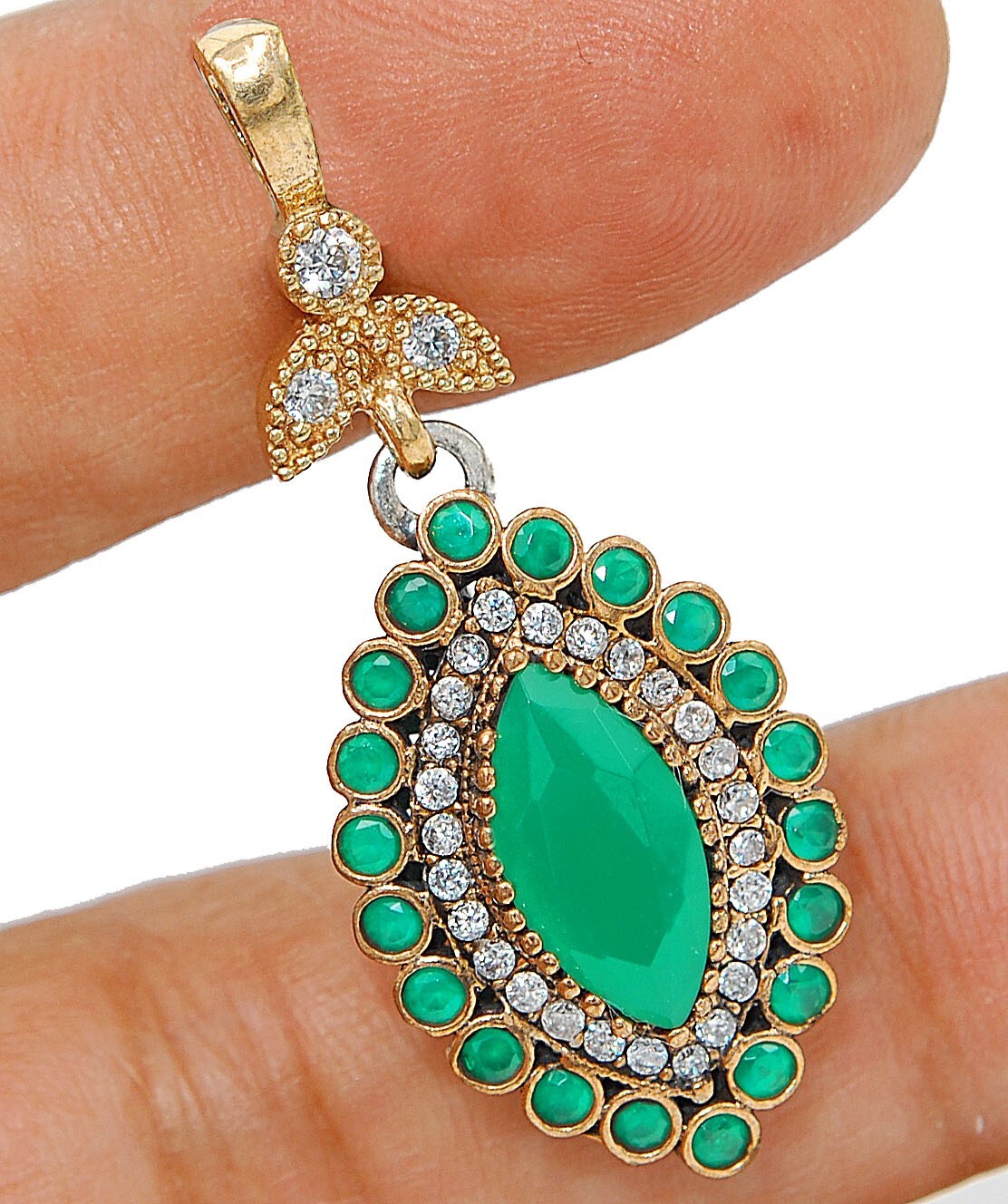 Ottoman Empire Style 6CT Treated Emerald 925 Sterling Silver Pendant S2349