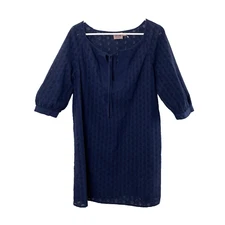 Juicy Couture Womens Eyelet Mini Dress XL Blue 1/2 Sleeve Coverup Split V w/Tie