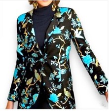  SOFT SURROUNDINGS Women Sz M Blazer Chinoiserie Bird Floral Blk/ Aqua/Gold