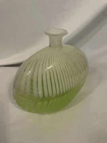 VTG Murano Dino Martens Style Green White Stripe Pillow Vase Filigrana Glass MCM