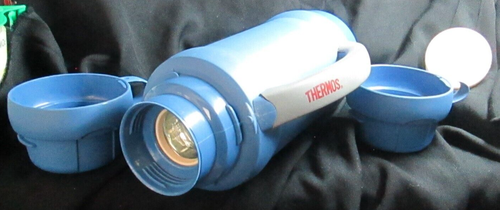 Attractive Handled Heavy Duty Hard Plastic 1 Liter "Thermos" Bottle With 2 Cups - Picture 5 of 5