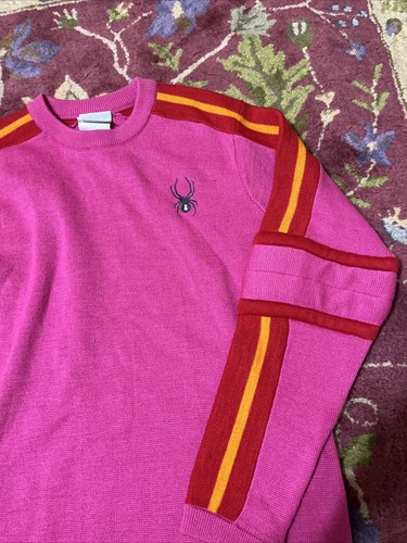 Girls Spyder Pink Wool Sweater Size L Red Stripes Crew Neck - Picture 2 of 6