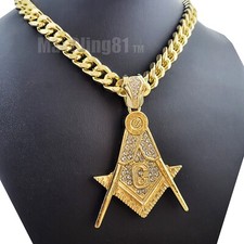 Gold Plated Cubic Zirconia large MASONIC Pendant 18"  30" Cuban Chain Necklace