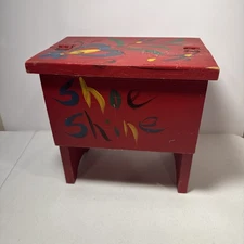 Vintage Folk Art Painted Shoe Shine Box Primitive 11”x11”x7.5”