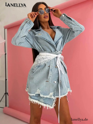 M.Tissu Damen Denim Trenchcoat   Jeans Mantel mit Gürtel Blau