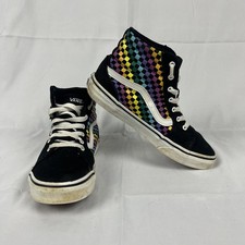Vans Sk8-Hi Rainbow Checkerboard Black Suede High Top Sneakers Youth Size 4 Used