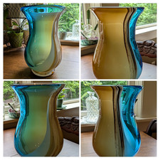 Art Glass Handblown Vase Ocean Waves Sand Beach Ombre Teal Blue Amber  Brown