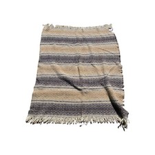 Vtg Brown Black Wool Lap Stadium Throw Travel Festival Blanket Fringe 43x56 Boho
