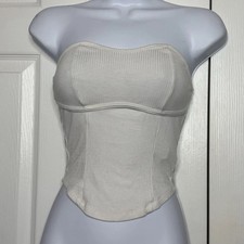 SHEIN XS Cream Ribbed Strapless Corset Style Bandeau Crop Top