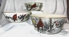 LENOX WINTER GREETINGS 3 Nesting Gold Trim Flared Serving Bowls Scenic Cardinals