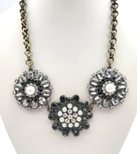 Rhinestone Faux Pearl Flower Statement Necklace Bronze Tone Gray Clear Florals