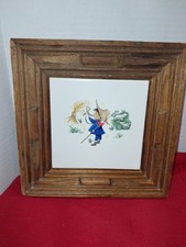Little Boy Blue Vintage Ceramic Tile In Beautiful Wooden Frame Kids NurseryT87