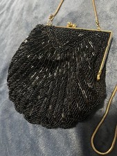 Vintage Clam Shell Beaded Clutch Purse Black Gold Chain Evening Bag