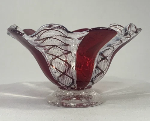 Vintage Latticino Glass Dish Bowl Ribbon Red White  Murano