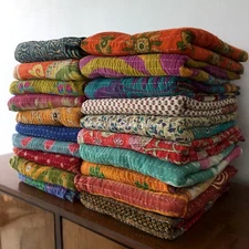 Lot 20 Pcs Vintage Kantha Quilt Reversible Bedspread Single Cotton Coverlet