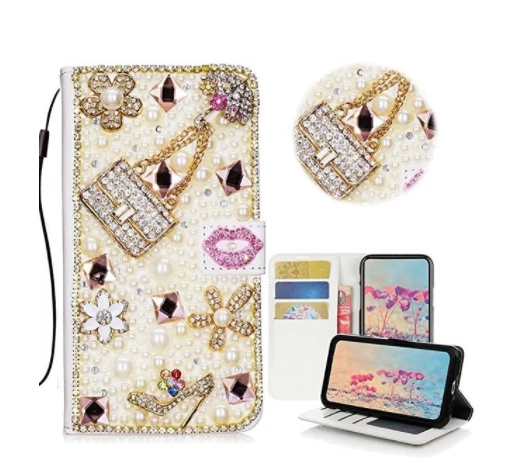 Funda tipo billetera de cuero abatible de lujo con estrás brillante para teléfono Moto G Stylus Foto 4 de 4